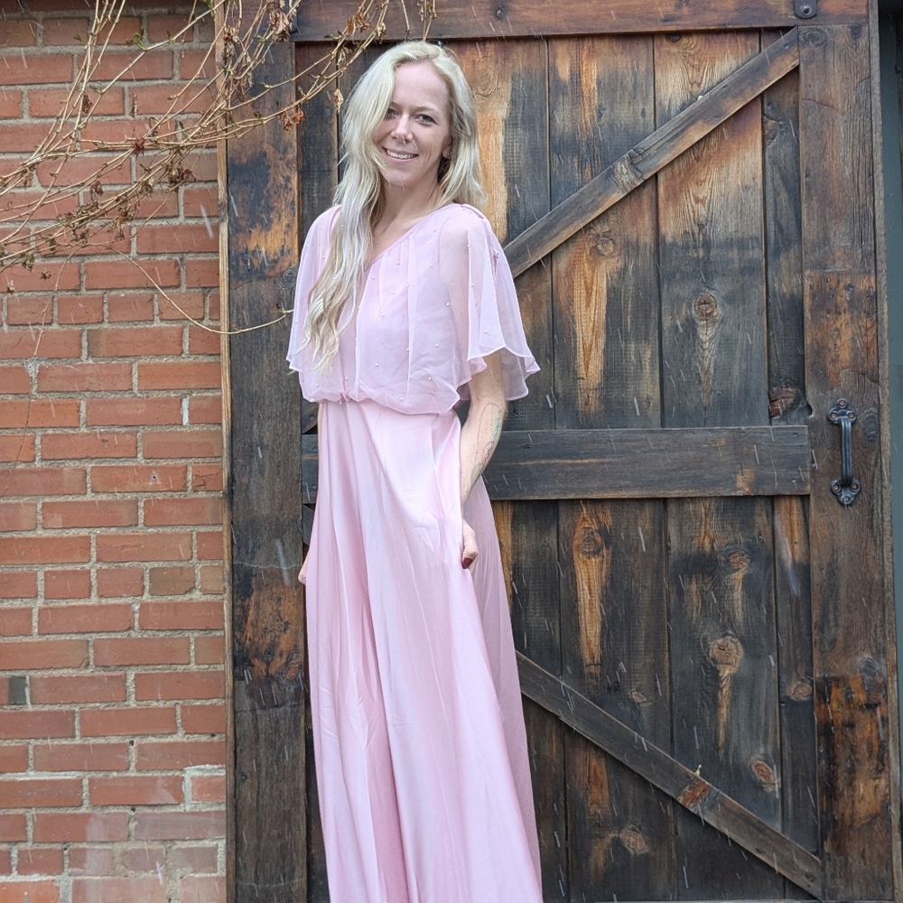 Vintage 70s Pink Pearl Shawl Collar Maxi Gown, Size S - Picture 5 of 16